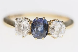 18ct gold Deco natural blue sapphire and diamond trilogy ring Size P - Picture 1 of 5