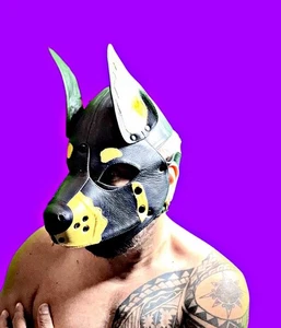 Puppy Mask Hood Adjustable  Detachable Dog Trunk 100% Leather Color  Yellow/Blk - Picture 1 of 9