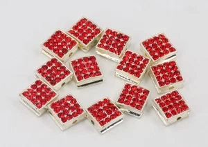 13 x silver metal / red sparkly rhinestone square 10mm shamballa beads - Picture 1 of 3