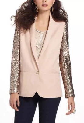 NUEVO Blazer Anthropologie ELEVENSES Brillo Talla 6 Champagne Mangas Lentejuelas Glam Foto 1 de 4