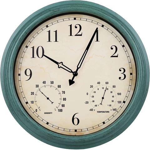 16 Inch Vintage Wall Clock with Thermometer and Hygrometer, Waterproof Outdoor C Cover