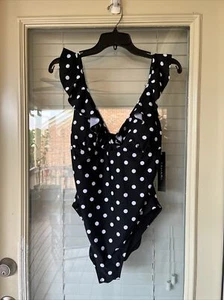 Tahari Women's Size XL Black White Polka Dot Ruffle Surplice Swimsuit NWT - Picture 1 of 5