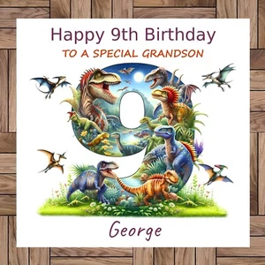 Personalised Dinosaur 9th Birthday Card, For a 9 Year Old, Relative & Name - Picture 1 of 4