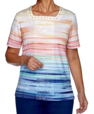 Alfred Dunner Petite CLASSICS Striped Center Lace Top Size PL NWT - Image 1 of 4