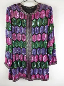 Vintage Razzle Dazzle Beaded Heavy Full Silk Sequin Multi Color Jacket Womens - Picture 1 of 10