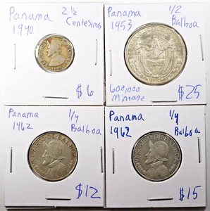 Lot 4 - Panama 1940 - 2 1/2 Centesimos, (2) 1962 - 1/4 Balboa, 1953 - 1/2 Balboa - Picture 1 of 2