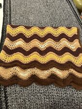 VTG 80s Throw Blanket Crochet Hand Knit Granny Cabin Brown White Yellow