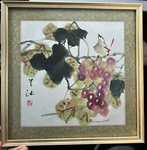 Japanese Watercolor Painting Of Grapes Of Rice Paper- Nicely Framed