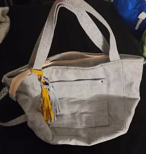 Grey canvas bag with yellow and grey leather stripes. Hobo Slouch Purse - Picture 1 of 11