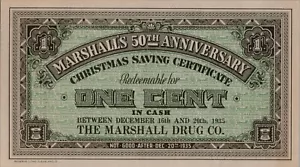 1935 One Cent Christmas Savings Marshals Drug Co. Pharmacist Coupon Scrip SCARCE - Picture 1 of 2