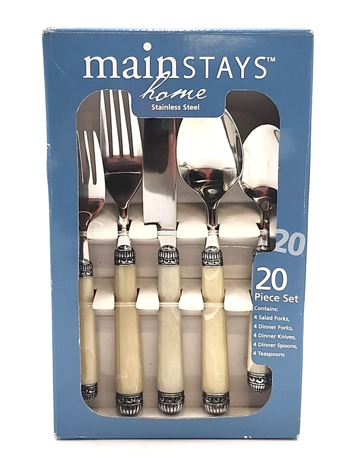 20 Piece Stainless Steel Flatware Set Mainstays Celebration Antique White 2004 - Image 1 of 4