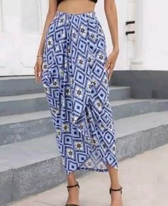 Exlura Women's Summer Maxi Skirt With Slit Asymmetrical Blue & Yellow Print S - Picture 1 of 3