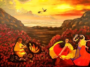 Kunst, Gemälde, "Tanz am Feuer" - Giclée auf Leinwand 22x29 LTD.von Yelena Berzon - Bild 1 von 1