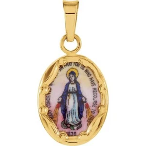 Medalla milagrosa de porcelana ovalada pintada a mano de 13x10 mm en oro amarillo 14K - Imagen 1 de 2
