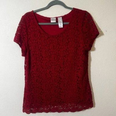 Blusa Top Mujer Emma James XL Rojo Encaje Superpuesto, Pullover Cuello Redondo Foto 1 de 4