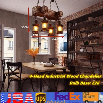 Rustic 4 Heads Chandelier Wood Industrial Ceiling Lamp Pendant Light Fixture USA - Image 1 of 4