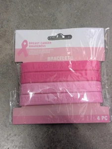 4 Stk. Brustkrebs Bewusstsein Armbänder Rosa Band Hoffnung Stärke Silikon Neu in Verpackung - Bild 1 von 2