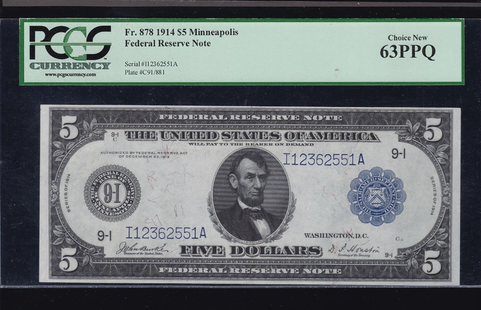 US 1914 $5 FRN Minneapolis Burke/Houston FR 878 PCGS 63 PPQ Ch CU (551) - Image 1 of 2