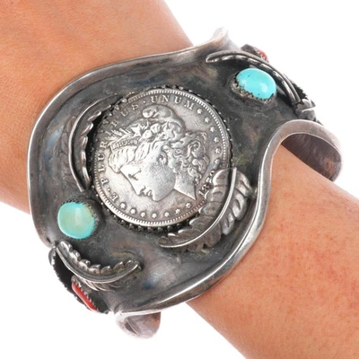 8" Big vintage Navajo sterling turquoise/coral 1879 silver dollar cuff bracelet - Image 1 of 4