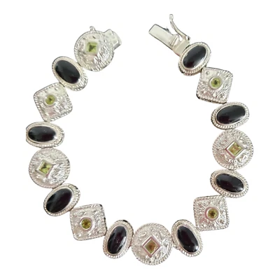 Womens  Bracelet Oval Onyx w Engraved Circles and Square Peridot Gem Stones 925 - Image 1 of 4