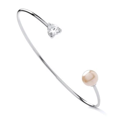 925 Sterling Silver Pearl & CZ Heart Ladies SOLID Torque Bangle Bracelet RHODIUM - Image 1 of 4