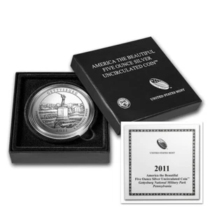 2011 P America the Beautiful 5oz Silver ATB Gettysburg National Park w/Box&COA - Picture 1 of 5