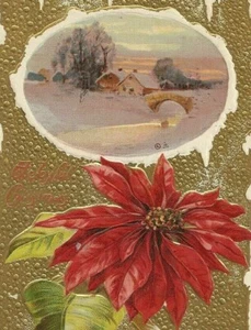 Vintage Postcard Christmas Greetings Embossed Poinsettia Gold Foil - Picture 1 of 3