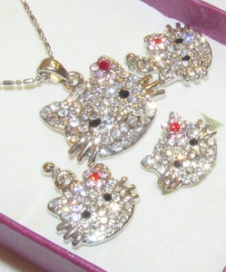 Hello Kitty Silver Gold tone Necklace Pendant Ring Earrings Gift set - Picture 1 of 3