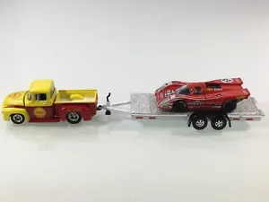 HOT WHEELS ‘56 FORD PICKUP SHELL FUEL 100% ‘70 PORSCHE 917 and CAR TRAILER - Picture 1 of 12