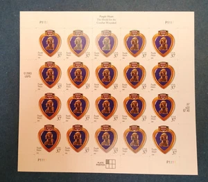 Hoja autoadhesiva de 20 sellos corazón púrpura de 37 centavos USPS - Imagen 1 de 2