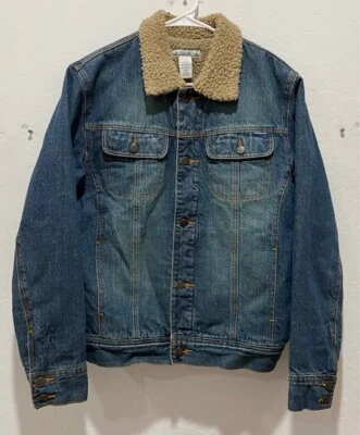 Jaqueta caminhoneiro jeans azul American Rag masculina em excelente estado usado tamanho P forrada Sherpa manga longa - Imagem 1 de 4