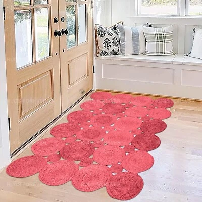 Handmade Natural Jute Green Carpet Living Room Area Rug Scalloped Kitchen Kilim - Image 1 of 4