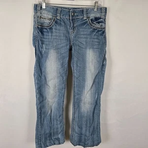 Rock and Roll Cowgirl Jeans Women's 29 x 32 ** Blue Low Rise Boot Cut Distressed - Picture 1 of 19