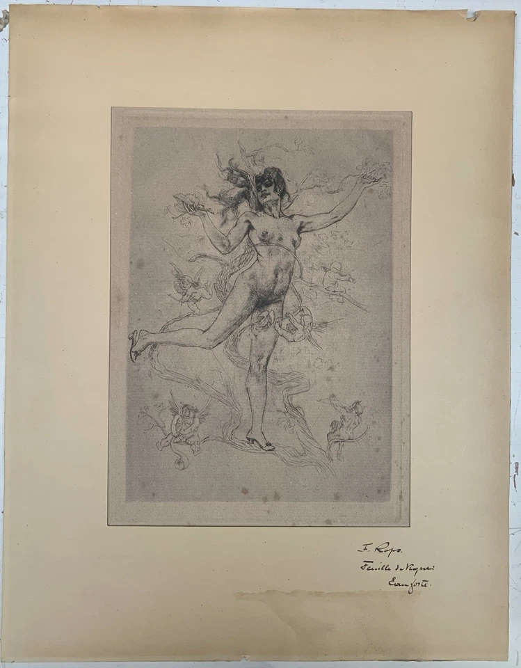 Gravure Ancienne Eau Forte Félicien Rops (1833-1898)  Féerie XIXe Erotique Nu - Photo 1/4