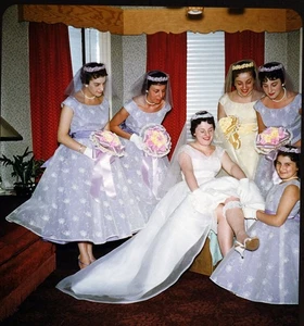 BRIDE & Bridesmaids adjust garter -1960s WEDDING - Stereo Realist 3D slide #1234 - Picture 1 of 3