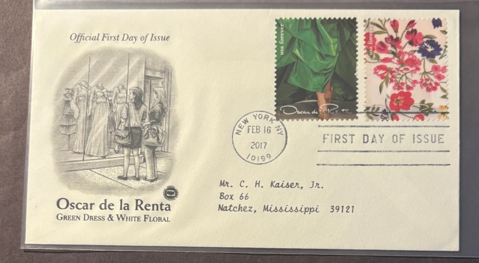 #5173c&h Oscar de la Renta Green Dress/White Floral addressed FDC on PCS cachet - Image 1 of 1