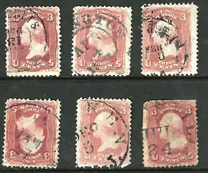 Sc #65 x 6 Shades DATE TOWN Cancels 3 Cent Washington 1861 Civil War US 62F31 - Picture 1 of 3