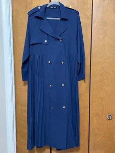 Double Breasted Pleated Hem Belted Trench Coat Navy Blue Size M - Picture 1 of 12