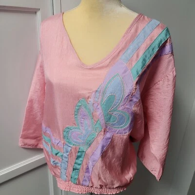 Jordana Vintage 80s Pastel Butterflies Shirt Size Medium Parachute Fabric *Read  - Image 1 of 4