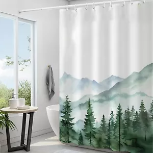Mountain Forest Shower Curtain Green Misty Nature Bathroom Curtain Woodland P... - Picture 1 of 7
