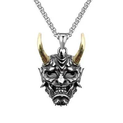 DEMON NECKLACE Evil Horned Devil Japanese Hannya Oni Noh Pendant Stainless Steel - Image 1 of 4