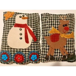 Set of 2 Mini Handmade Sewn Wool Snowman Reindeer Embellished Pillows - Picture 1 of 2