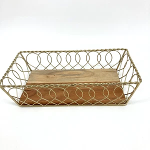 Brass Wire Wood Block Basket Tray Storage Kitchen Serving Vanity Toilet Tank 12" - Picture 1 of 8