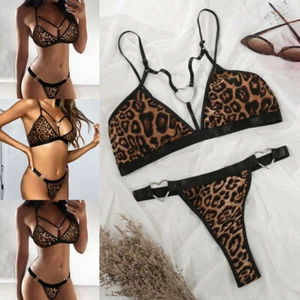 Sujetador push up de leopardo Tanga Babydoll Lencería Conjunto Ropa de dormir Ropa interior Mujeres Sexy - Imagen 1 de 16