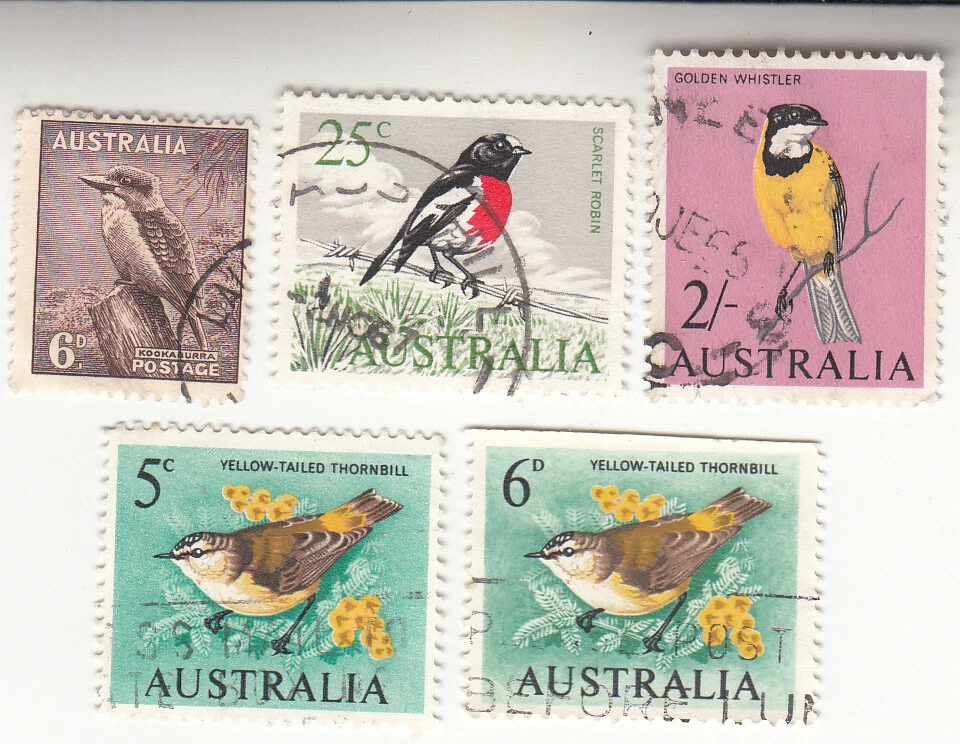 AUSTRÁLIA 1932-1964. PÁSSAROS. Kookaburra, Robin, Whistler, Thornbill. Usado - Imagem 1 de 1