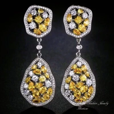 18k White Gold Plated Lab-Created Yellow Sapphire Wedding Drop Earrings Gorgeous - Image 1 of 4