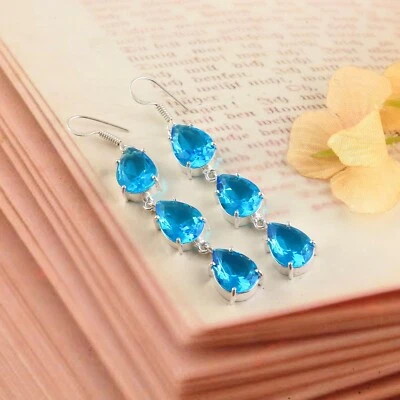 Blue Topaz Quartz Gemstone Silver Plated Dangle Earrings Jewelry 2.5" - Image 1 of 3