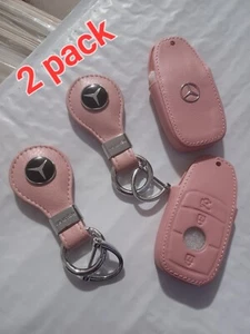 2 X Pink 3 Button Leather Key Case Fob Cover Mercedes E S Class GLC E300L C260L - Picture 1 of 3