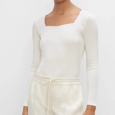 Top Club Monaco Manga Larga Talla L Crema Acanalado Tejido Manga Larga Negocios Informal Foto 1 de 4