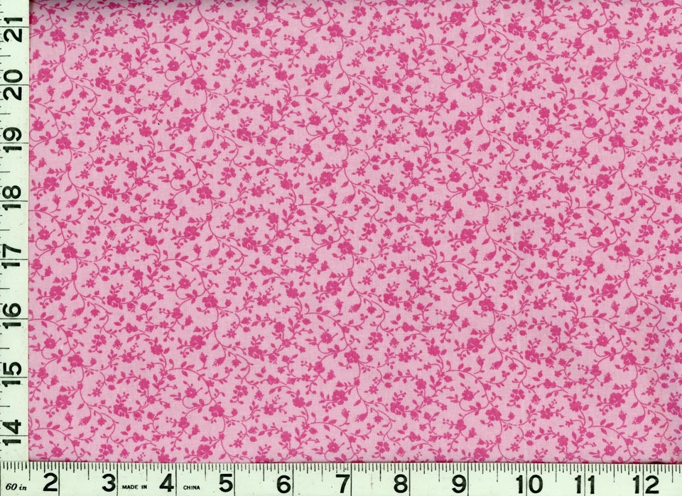 Dark Hot Pink Roses Leafy Vines on Lt Pink Quilting Sewing Fabric by Yard #1095 - Image 1 of 1